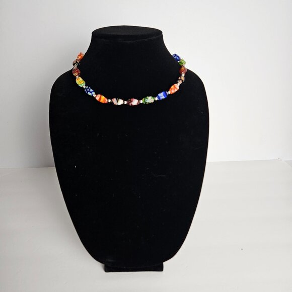 Millefiori Style Art Glass Bead Necklace Venetian Style Murano Inspired 14-16" - Picture 1 of 11